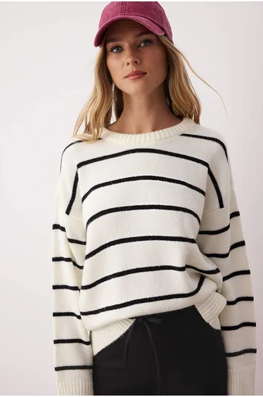 Bone*001 Striped Wide Pattern Soft Texture Knitwear Sweater
