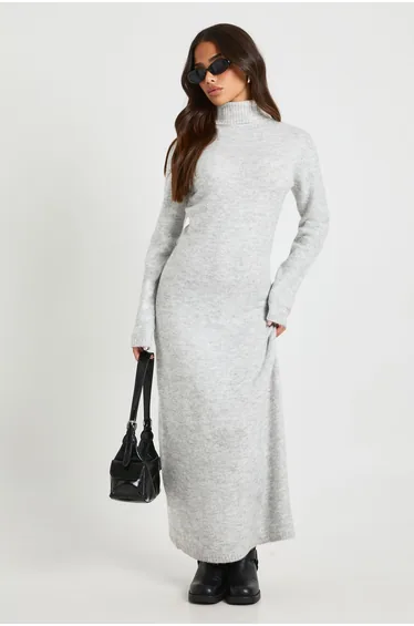 Petite Roll Neck Super Soft Knitted Maxi Dress - grey