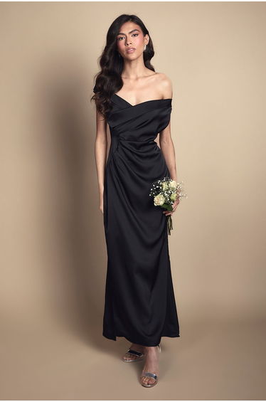 Petite Satin Bardot Bridesmaid Maxi Dress with Waist Ruching Detail