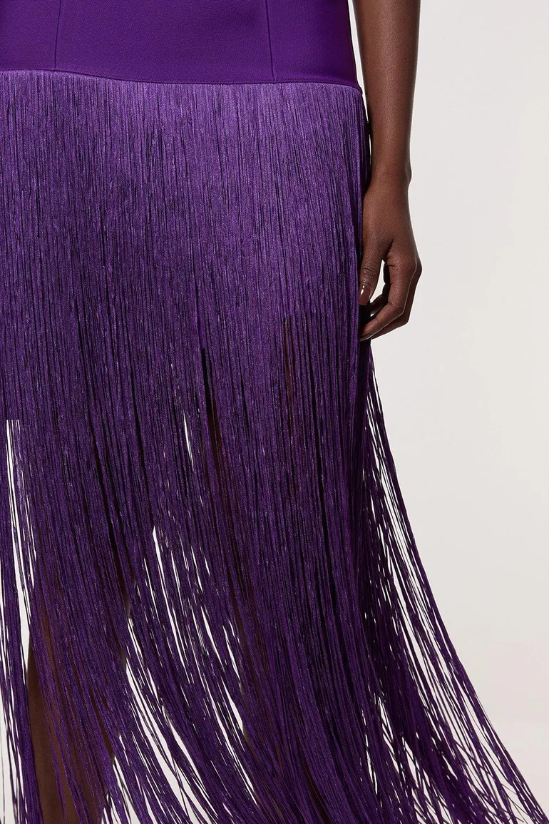 فستان محبوك بحواف شراشيب لون أرجواني  - 2