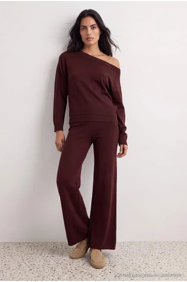 Brown Boat Neck Detailed Sweater-Pants Knitwear Bottom - Top Set