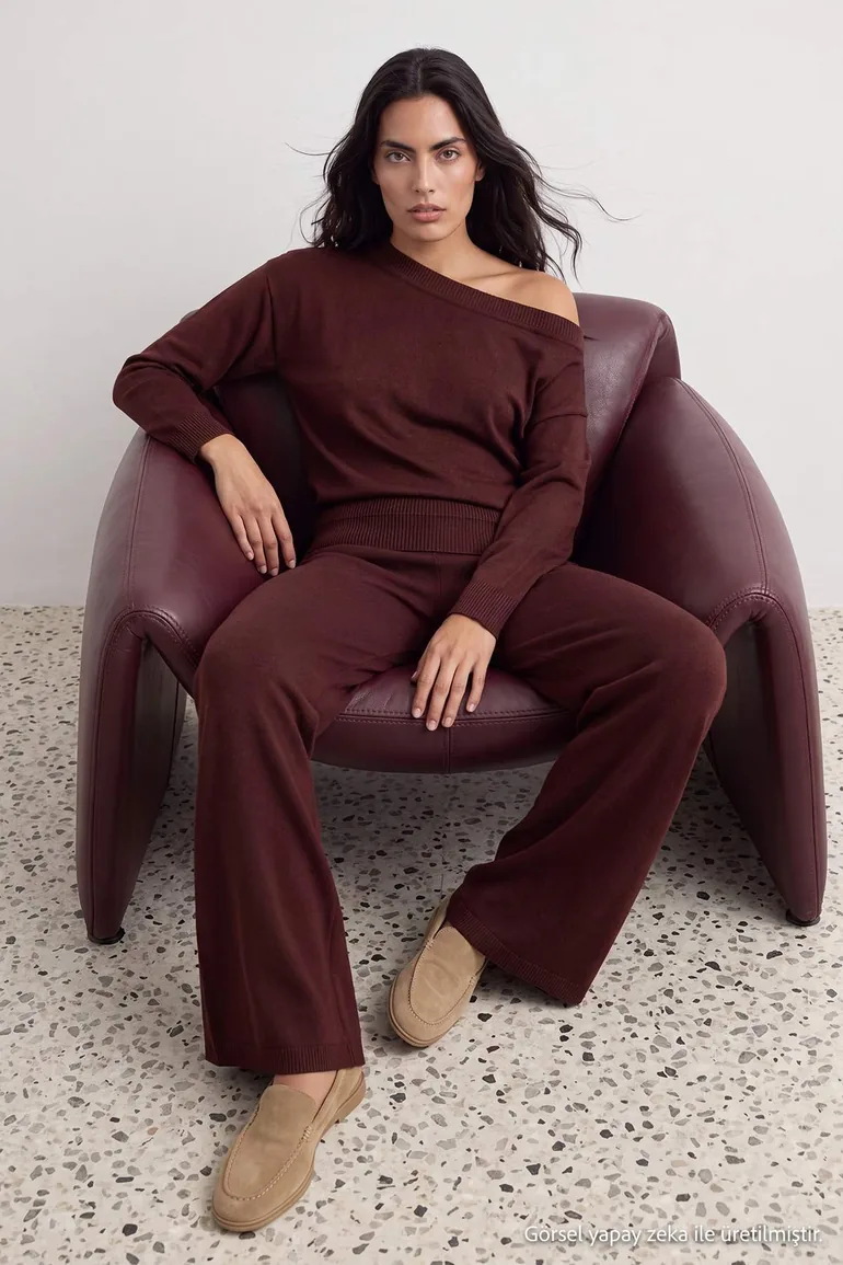 Brown Boat Neck Detailed Sweater-Pants Knitwear Bottom - Top Set - 1