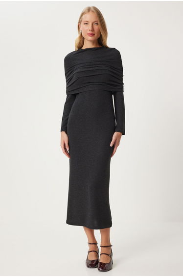 Women's Anthracite Carmen Collar Long Knit Dress