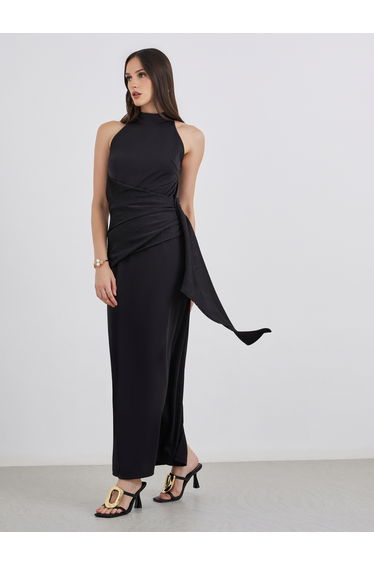 Halter Neck Sheath Maxi Dress with Drape Overlay