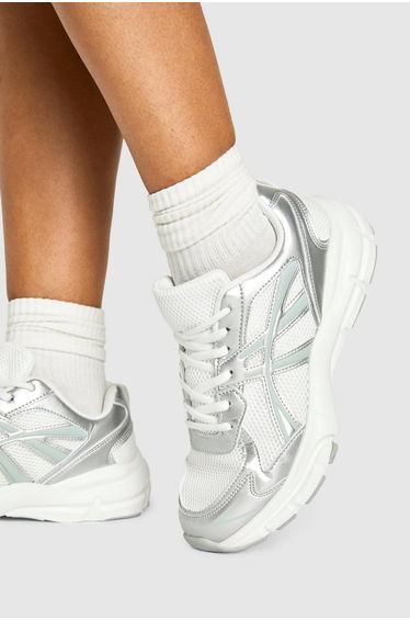 Contrast Metallic Stripe Chunky Sporty Dad Trainers - silver