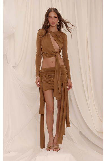 Golden Olive Slinky Jersey Knot Detail Mini Skirt