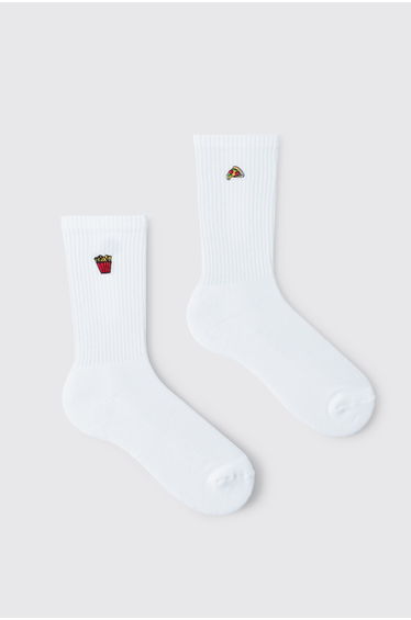 2 Pack Fast Food Embroidered Socks - white
