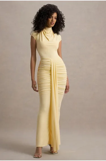Lorenza | Lemon High-Neck Ruched Maxi Dress With Wrap Skirt