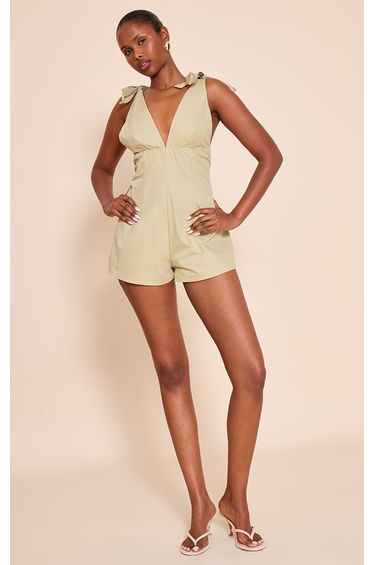 Sage Woven V Neck Bow Detail Playsuit