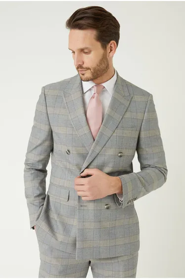Slim Fit Double Breasted Grey Highlight Check Suit Jacket