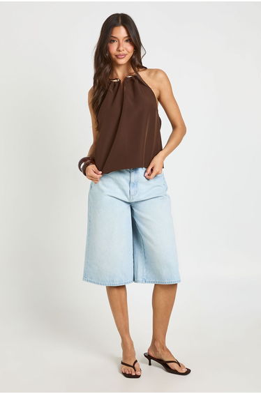 Gold Trim Crepe Halterneck Top - chocolate