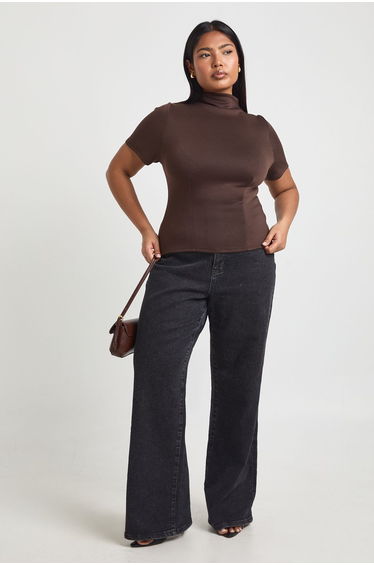 Plus Cinched Waist High Neck Top - chocolate