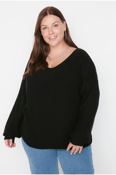 Black V-Neck Off Shoulder Knitwear Sweater