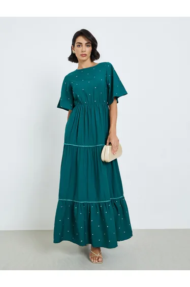 Women Teal Embellished Tiered Maxi Dress