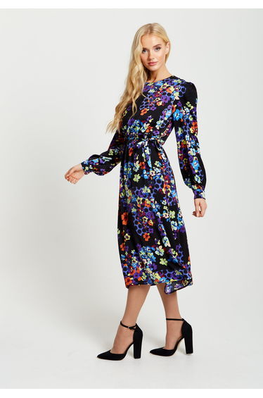 Women's Midi Dress in Orange and Blue with Long Balloon Sleeves . product thumbnail 3
