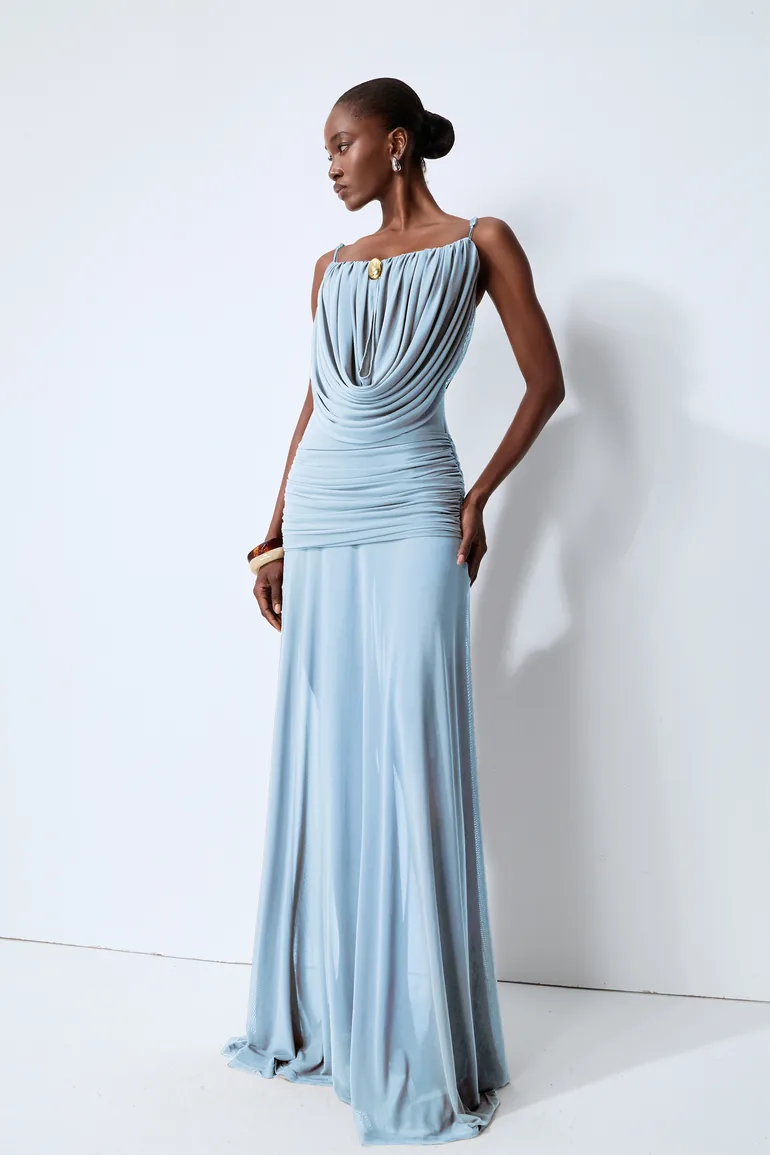 Signature Look Blue Cowl Neck Semi-sheer Maxi Dress - 2