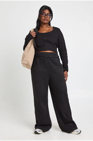Plus Distressed Waistband Wide Leg Joggers - black