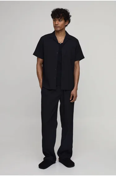 Regular Fit Irregular Pleat Texture Short Sleeve Shirt and Relaxed Trouser Set - black