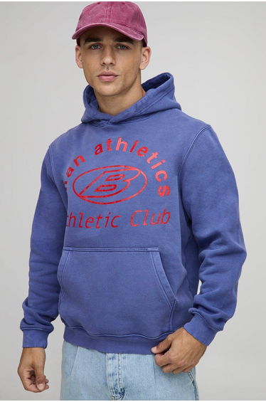 Navy Regular Fit Athletic Club Washed Printed Hoodie - navy