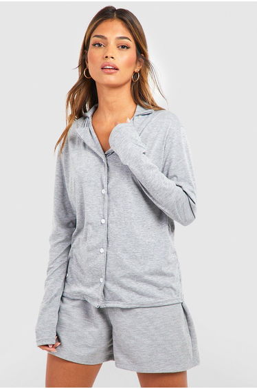 Jersey Long Sleeve Button Up Pj Shirt - grey marl