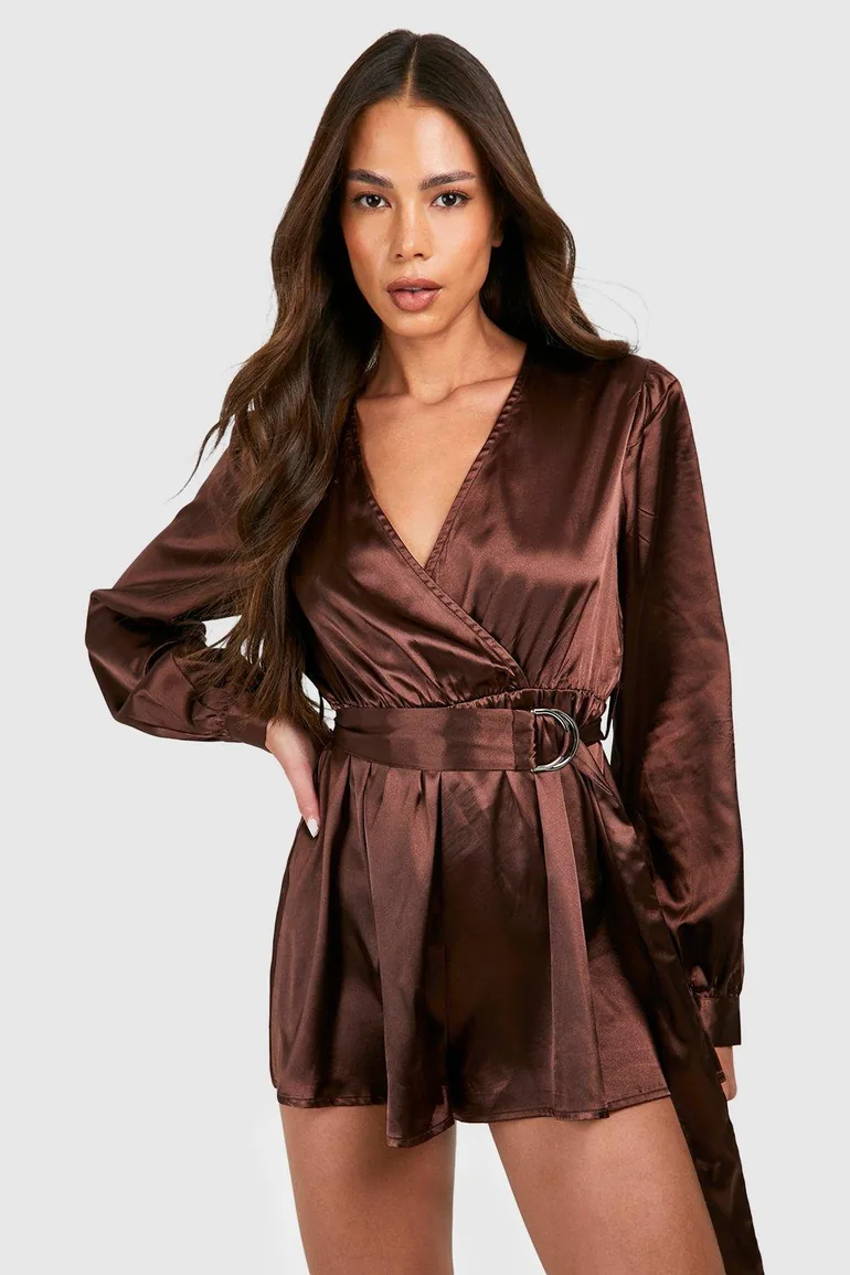 Satin Wrap Playsuit - chocolate