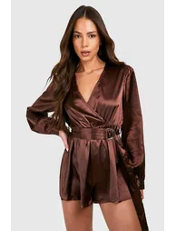 Satin Wrap Playsuit - chocolate