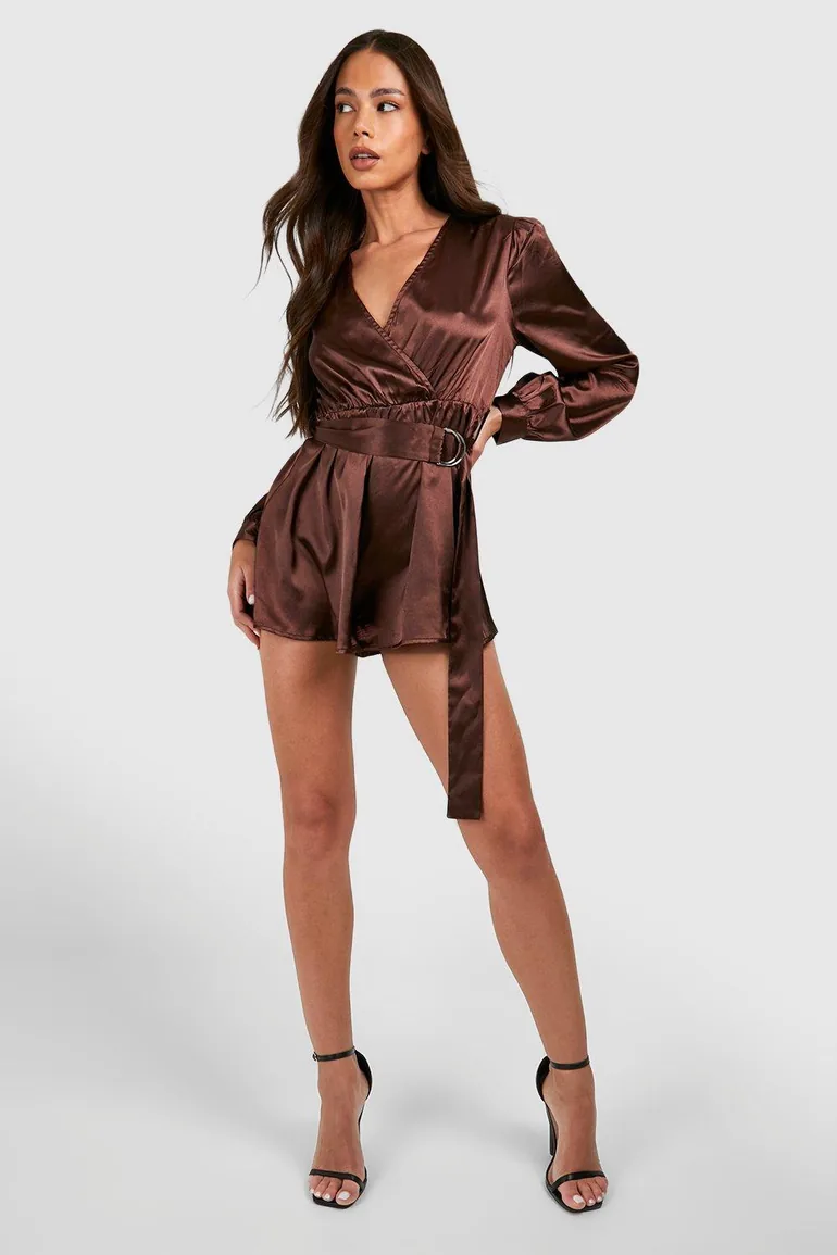 Satin Wrap Playsuit - chocolate - 2