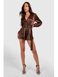 Satin Wrap Playsuit - chocolate - 2
