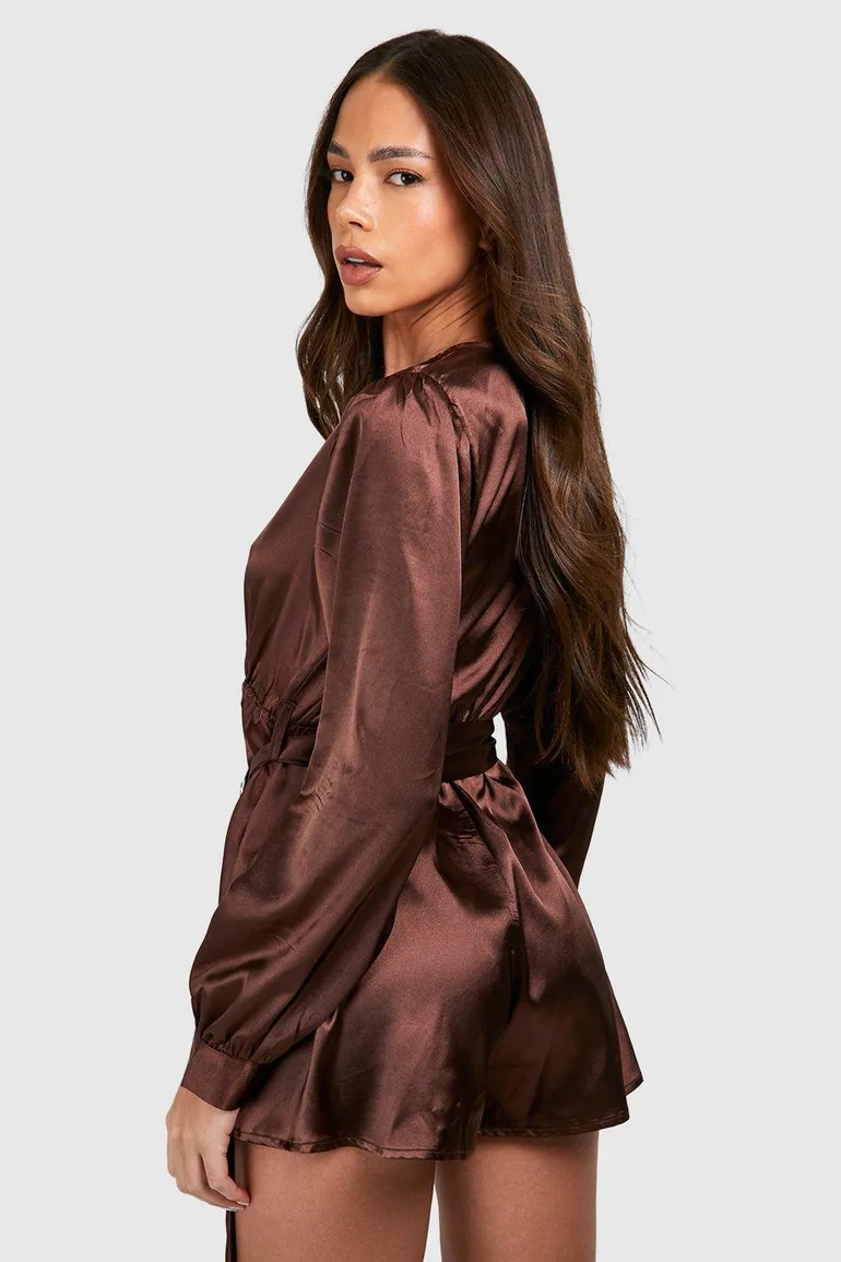 Satin Wrap Playsuit - chocolate - 1
