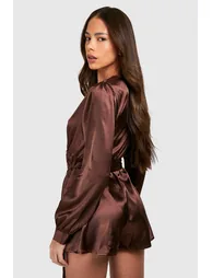 Satin Wrap Playsuit - chocolate - 1