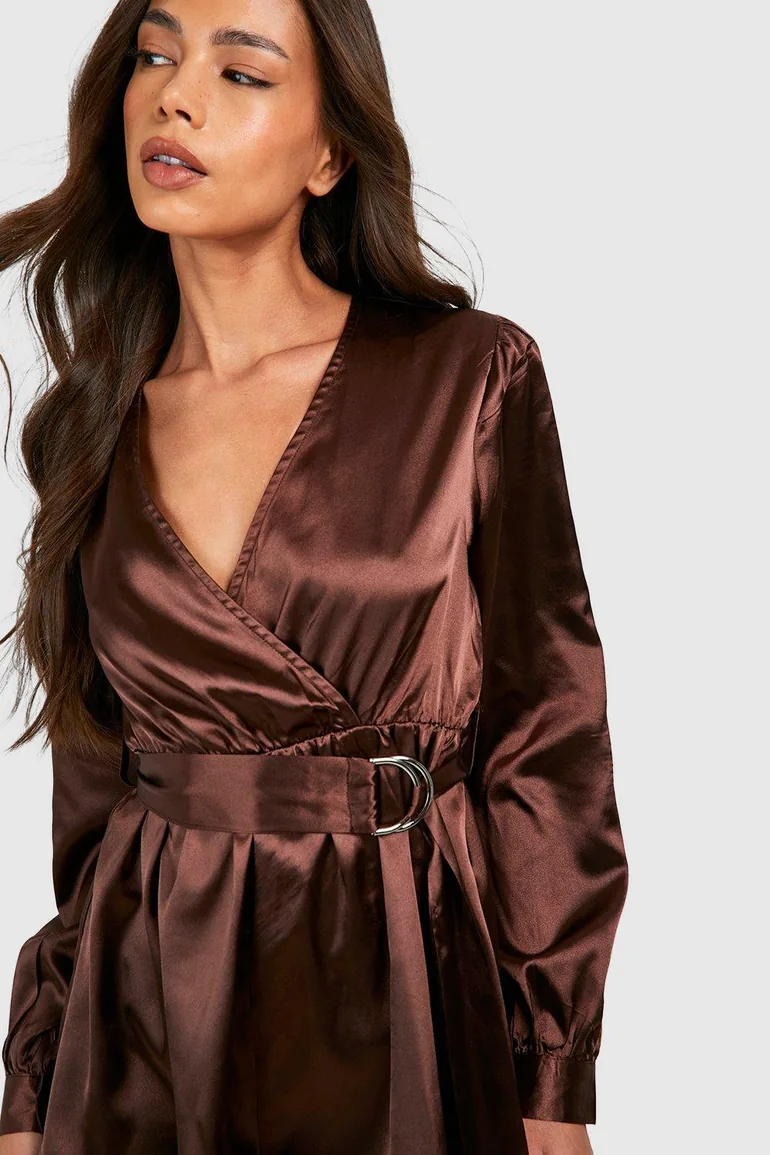 Satin Wrap Playsuit - chocolate - 3