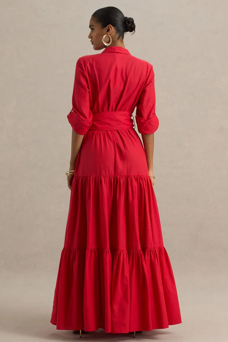Sydney | Red Belted Maxi Shirt Dress - 1