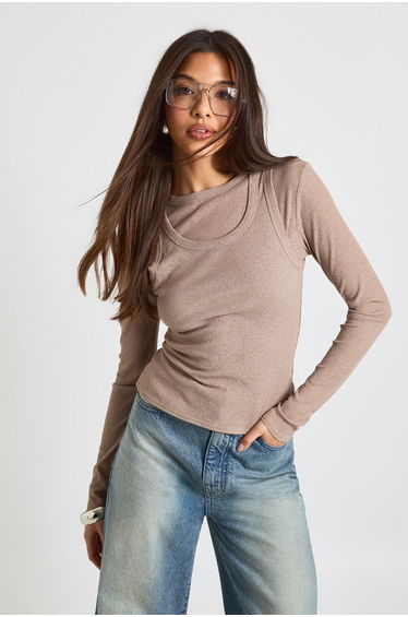 Double Layer Sheer Rib Racer Long Sleeve Top - taupe