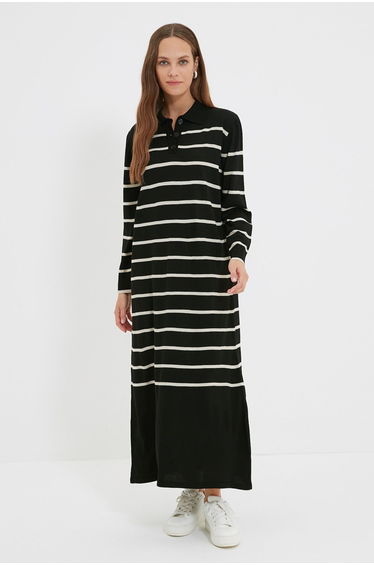 Black Polo Neck Striped Sweater Dress