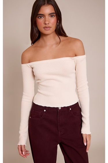 Cream Brushed Rib Bardot Fitted Long Sleeve Top