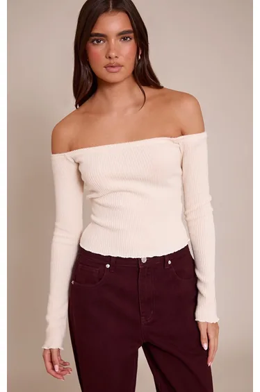 Cream Brushed Rib Bardot Fitted Long Sleeve Top