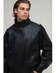 Boxy Fit PU Funnel Biker Jacket - black - 1