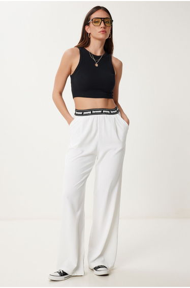 Women's Ecru Draped Wide Leg Summer Pants