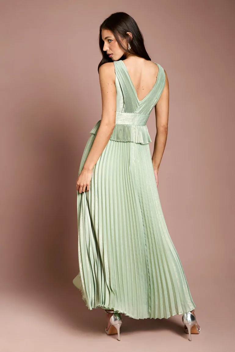 Sleeveless Metallic Pleated Maxi Dress With Peplum - 2