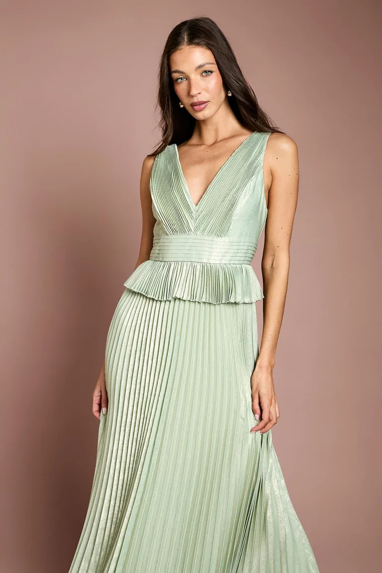 Sleeveless Metallic Pleated Maxi Dress With Peplum - 1