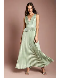 Sleeveless Metallic Pleated Maxi Dress With Peplum