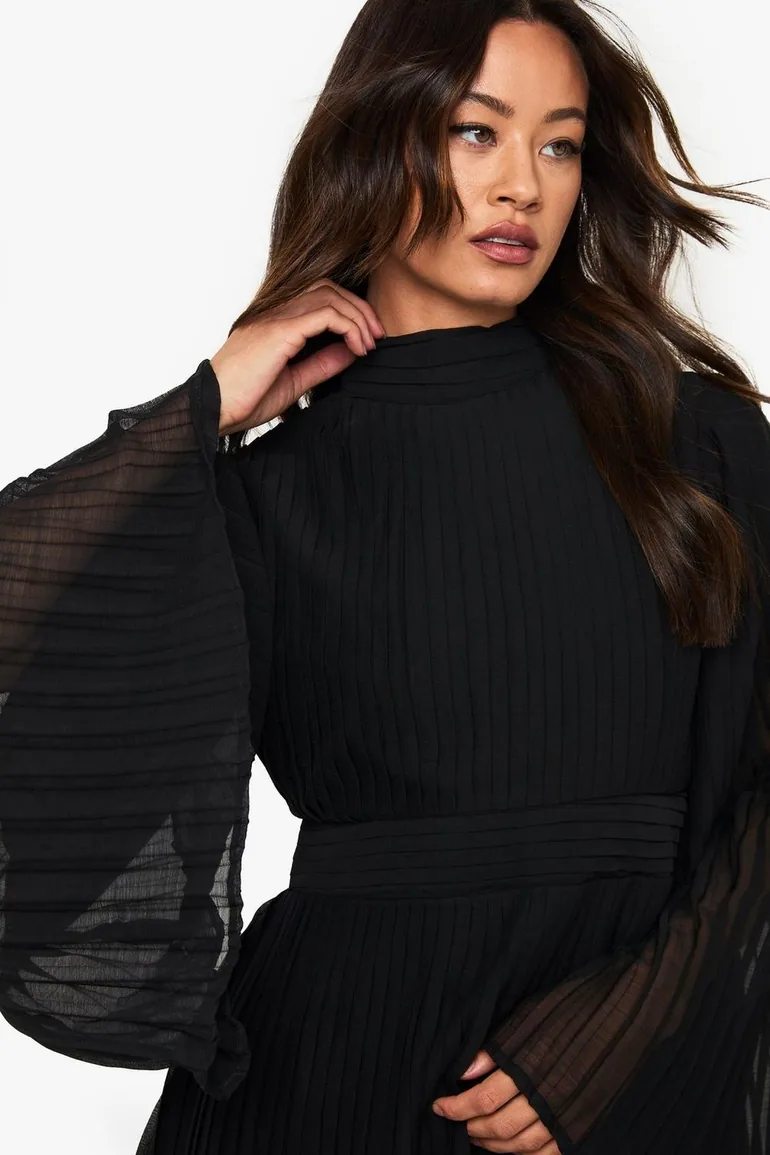 Tall Pleated Chiffon High Neck Flare Sleeve Mini Dress - black - 3