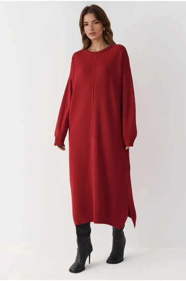 MY FASHION Textured Ribbed Long Knit Dress with Slit Detail