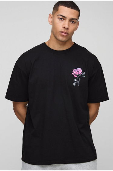 Oversized Rose Print Official T-Shirt - black