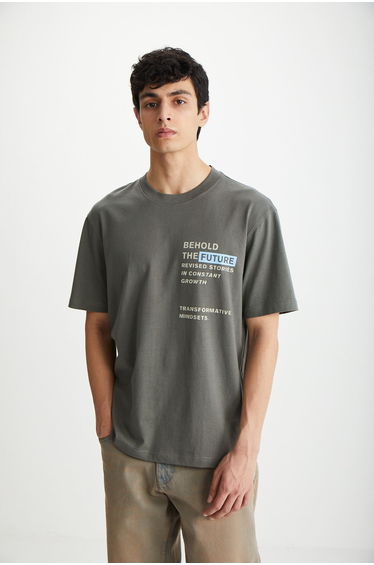 Men's 100% Cotton Crew Neck Printed Gray T-Shirt