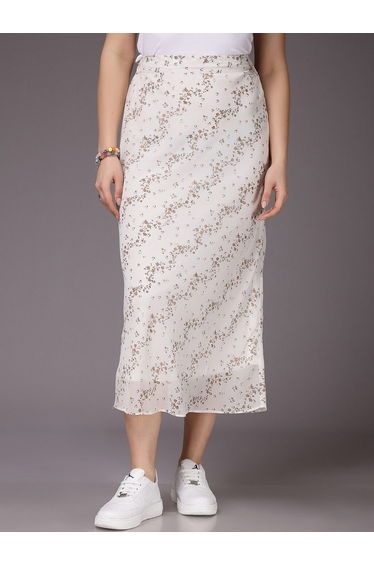 White Fitted Ditsy Printed Midi Skirt