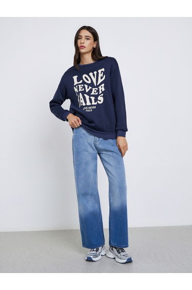 Navy Blue Slogan Print Relaxed Fit Sweatshirt
