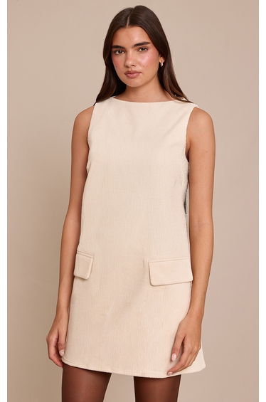 Cream Cord Boat Neck Boxy Shift Dress