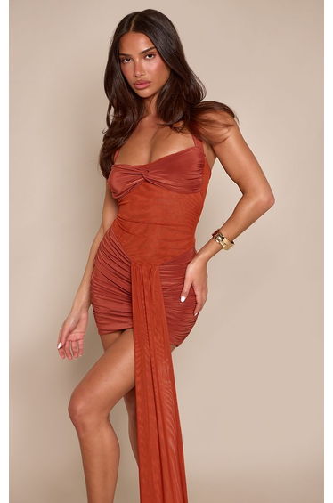 Rust Slinky Ruched Halterneck Mesh Bodice Front Drape Mini Dress