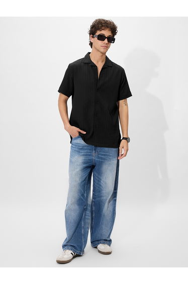 Men Black Resort Collar Textured Shirt